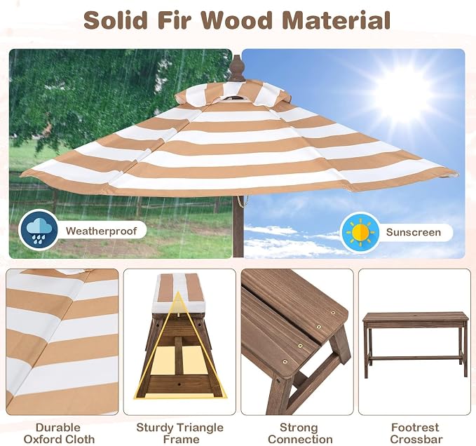 HONEY JOY Kids Picnic Table, Outdoor Wooden Table & Bench Set w/Removable Cushions and Umbrella, Stripe Fabric, Children Backyard Furniture for Patio Garden, Gift for Toddler Boys Girls Age 3+(Coffee)