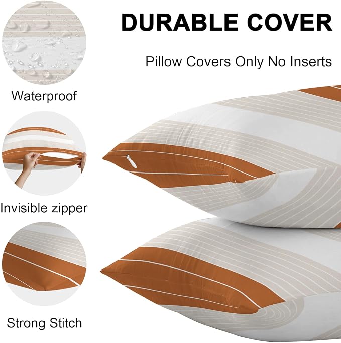 Orange Beige Stripe Outdoor Pillow Covers Waterproof, All Weather Cushion Case Set of 2, Modern Art Horizontal Striped Decorative Pillowcases for Sofa Couch Bed Decor Patio Furniture 16"x16"