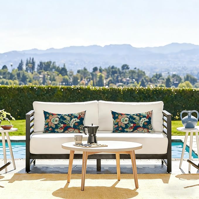 LVTXIII Outdoor Lumbar Pillow Covers Only Set of 2 Patio Decorative Pillow Cases, Water Repellent Lumbar Cushion Cases for Sofa, Patio Couch Garden Use, 12x20 Inch, Peacock Blue