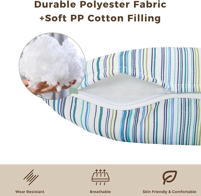 Lumbar Pillow with Insert, Set of 2, Outdoor Indoor Waterproof Decorative Patio Lumbar Pillow 12x20 Inch, Rectangular Cushion for Couch Sofa Garden Farmhouse Decoration-Blue Stripe