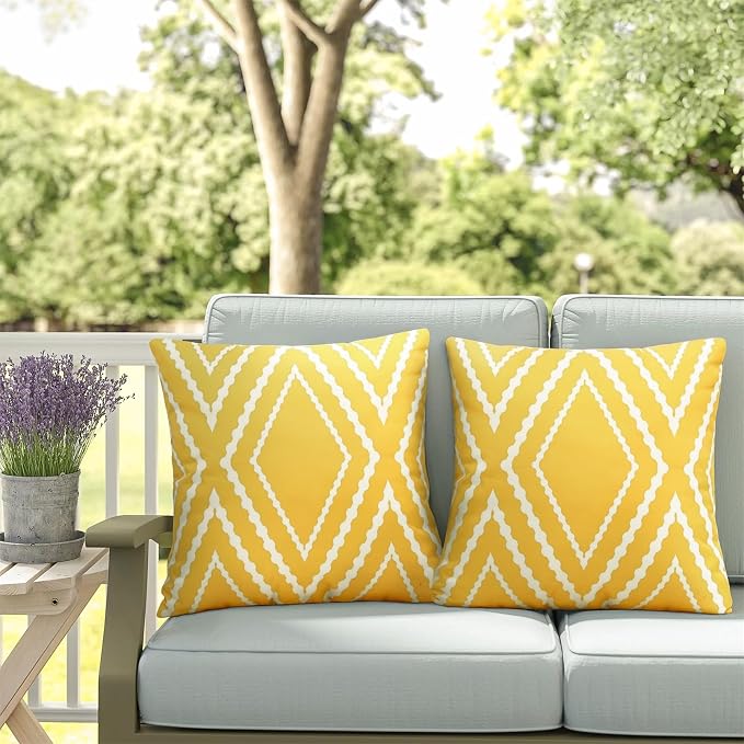 Adabana Outdoor Waterproof Pillow Covers 16x16 Yellow | Geometric Decorative Throw Pillow Covers Set of 2 for Patio, Garden, Porch, Farmhouse
