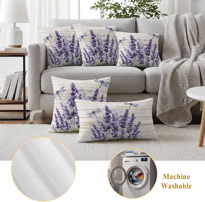 Outdoor Waterproof Throw Pillow Covers Set of 2 Lavender Flower Pillowcases 24x24 Inches Purple Floral Dragonfly Wood Decorative Pillows Cushion Case Patio Pillows for Couch Bed Chair Garden