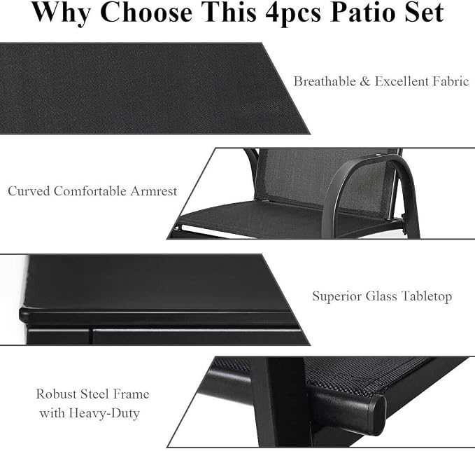 HAPPYGRILL 4 Pieces Patio Furniture Outdoor Garden Patio Table Set Poolside Lawn Chairs with Glass Coffee Table