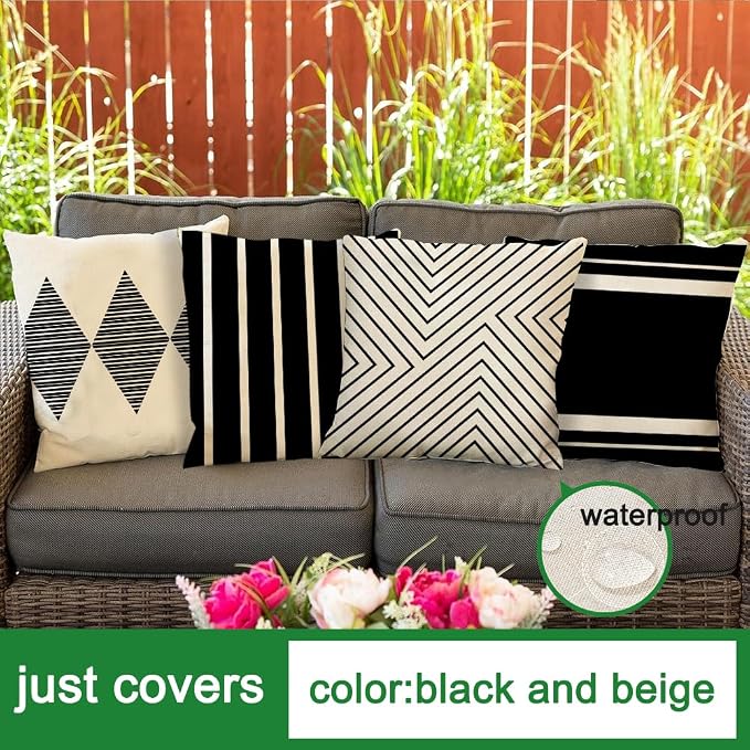 Outdoor Pillow Covers Waterproof,24x24 inch Black and Beige Boho Set of 4 | Color-Black and Beige,No Insert,Durable Polyester,Fit 24x24 inch Inserts or Smaller,for Patio Furniture Couch