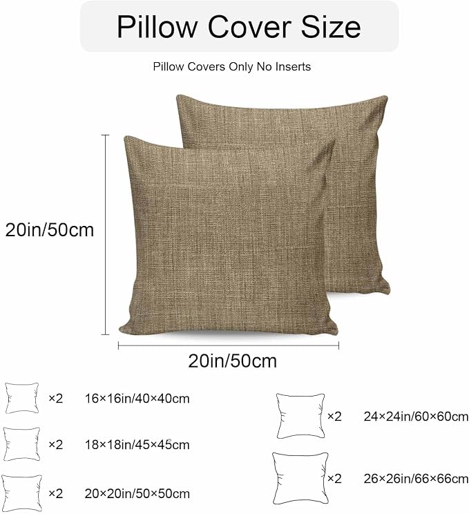 Vandarllin Outdoor Throw Pillows Covers 20x20 inch Set of 2 Waterproof Brown Linen Decorative Zippered Cushion Covers for Patio Furniture, Farmhouse Pure Color Lumbar Pillowcases
