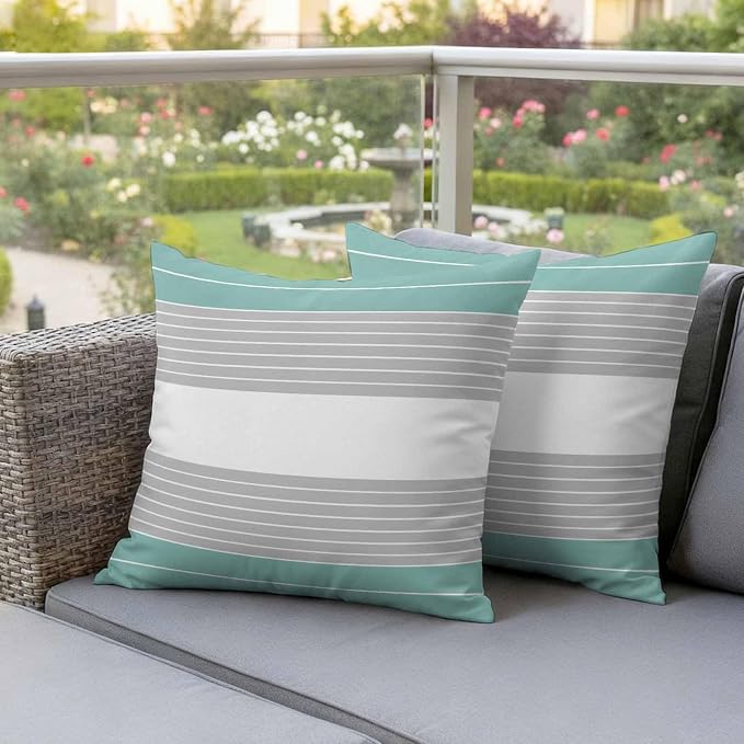 Turquoise Grey Stripe Outdoor Pillow Covers Set of 2 Gradient Line Waterproof Throw Pillow Cover Decorative Cushion Cases for Patio Porch Garden 18X18 Inch