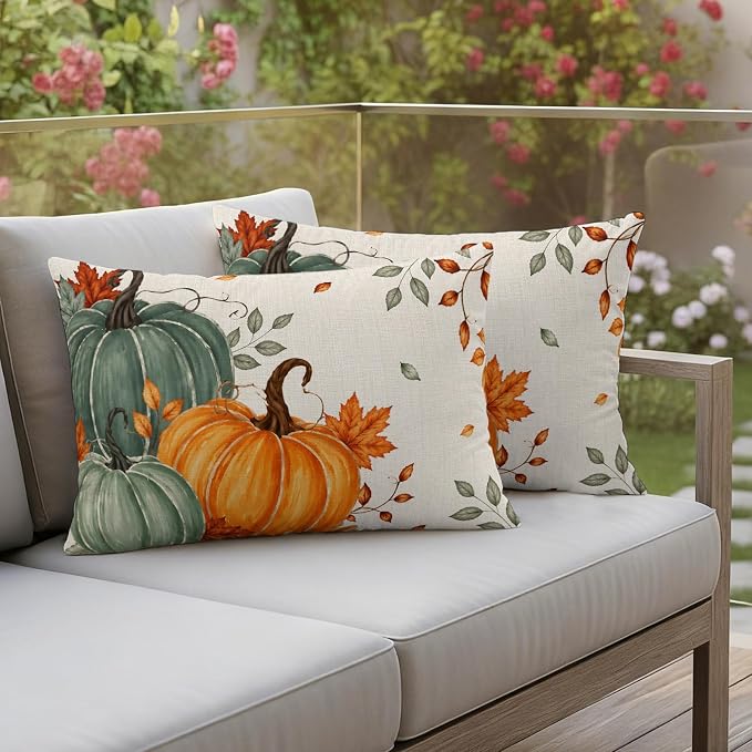 Green Orange Fall Waterproof Outdoor Pillow Covers 20''x12'' Set of 2, Maple Leaves Thanksgiving Patio Furniture Cushion Covers for Chairs,Decorative Farmhouse Beige Pillow Cases for Garden/Pool/Beach