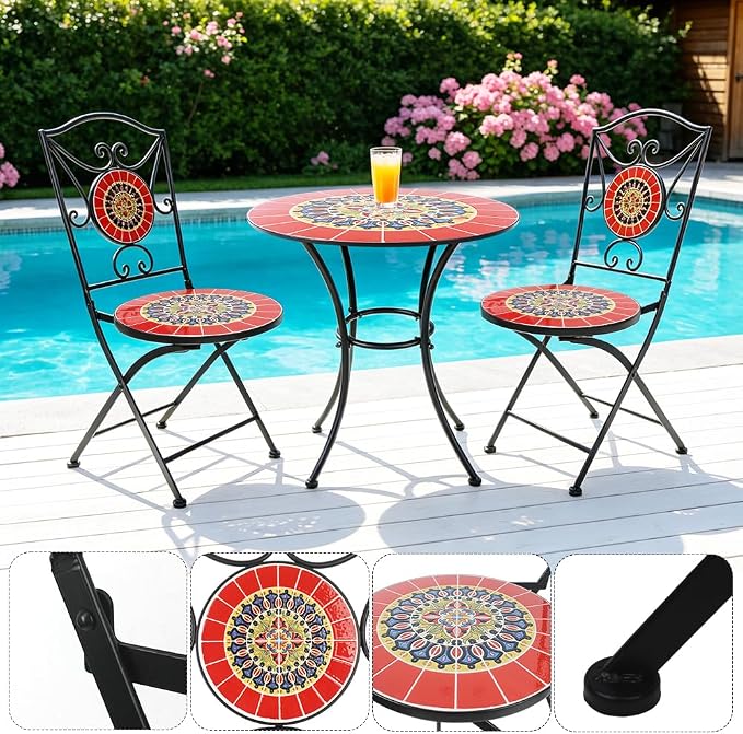 Folding Patio Chairs Set of 2 Mosaic Bistro Chair Outdoor Seating | Garden Patio Furniture Seating Heavy Duty Metal Frame Dining Chairs for Lawn Yard Balcony Porch Backyard Poolside