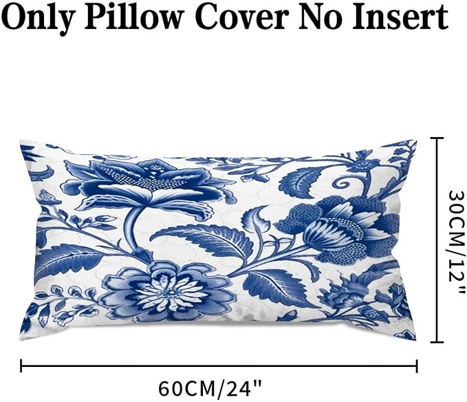 Set of 2 Blue and Ivory Indigo Floral Pillow Covers 12x24in Farmhouse Canvas Cushion Covers Outdoor for Couch Chair Home Decor for Family Friends