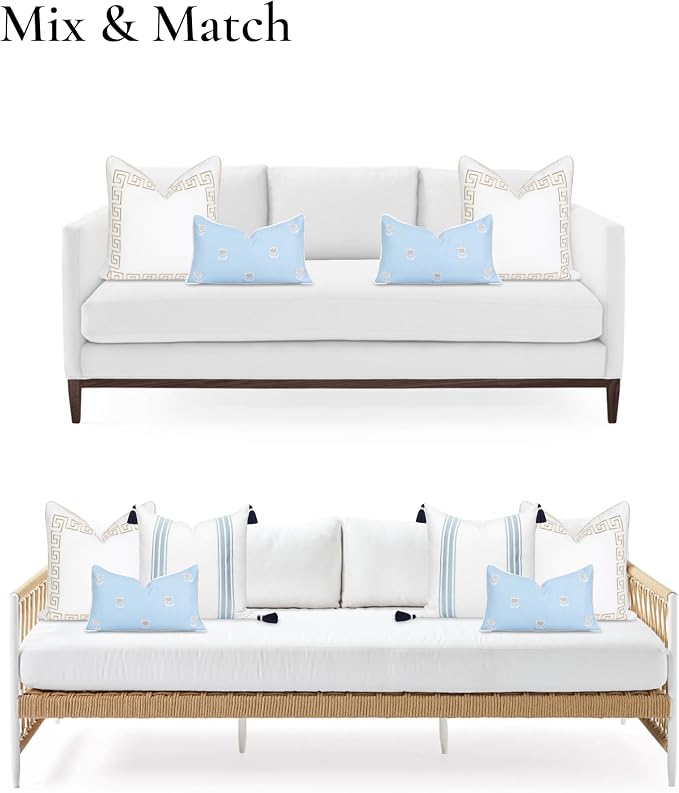 Hofdeco Premium Coastal Patio Indoor Outdoor Throw Pillow Cover Only, 20"x20" Water Repellent for Backyard, Couch, Neutral Tan Embroidered Greek Key with Piping