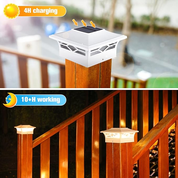 VOLISUN Solar Post Cap Lights: 12 - Pack Outdoor Deck Post Cap Lights White for Dock Fence Waterproof 2 Color Modes,4x4/6x6 Wooden/Vinyl Posts