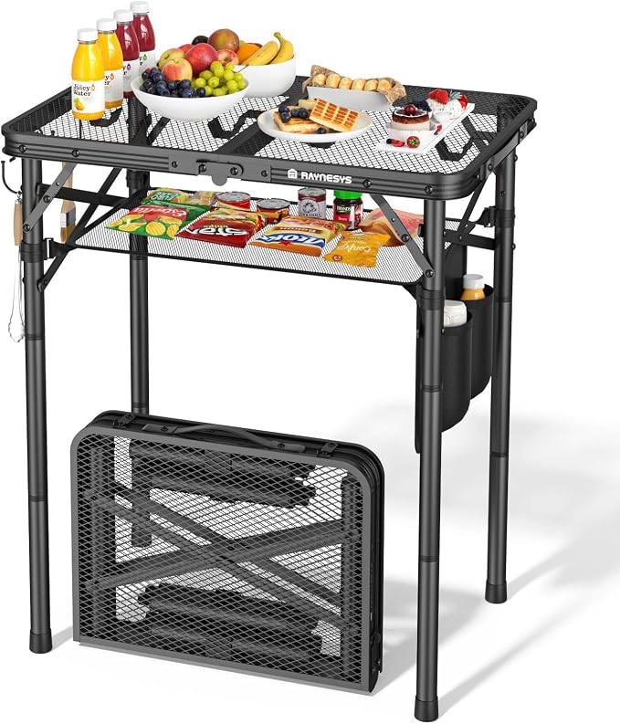 Folding Grill Table for Outside, 3 Height Adjustable Small Camping Table with Mesh Bag, Metal Aluminum Folding Table, 23.62 x 15.75 inches, Portable Grill Stand for Picnic, Camping, BBQ, Beach, Black