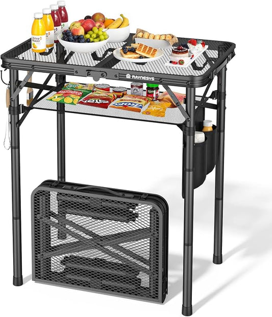 Folding Grill Table for Outside, 3 Height Adjustable Small Camping Table with Mesh Bag, Metal Aluminum Folding Table, 23.62 x 15.75 inches, Portable Grill Stand for Picnic, Camping, BBQ, Beach, Black