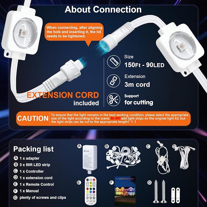 Super RGB Permanent Outdoor Lights 150FT, Smart RGB+IC Eave Lights with Remote APP Control, DIY LED Color Individual, White & Colorful Christmas String Light, IP67 Waterproof for House Outside Decor