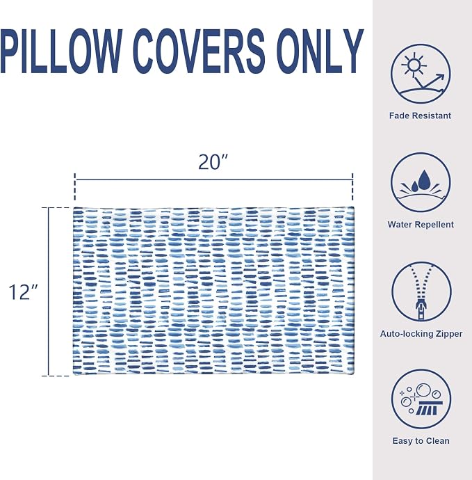 Pack of 2 Outdoor Lumbar Pillow Covers, All Weather Cushion Pillow Cases 12x20 Inch, Pillowcase for Patio Couch Decoration, Pebble Blue