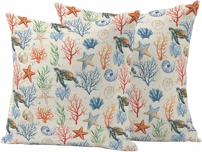 Summer Ocean Outdoor Waterproof Pillow Covers Pack of 2, Vintage Nautical Sea Turtles Shells Corals Starfish Decorative Throw Pillowcases Cushion Covers for Garden Patio Tent Sofa Couch, 18x18 inch
