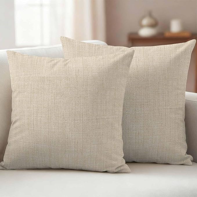 Vintage Cream Waterproof Outdoor Pillow Covers 24''x24'' Set of 2, Farmhouse Retro Beige Patio Furniture Linen Texture Cushion Covers for Chairs, Decorative Solid Color Pillow Cases for Garden/Pool