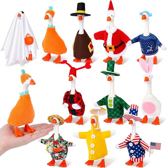 11 Set Holiday Porch Goose Outfits All Seasons Goose Clothes Umbrella Easter Statue Costume for Patio Lawn Outdoor