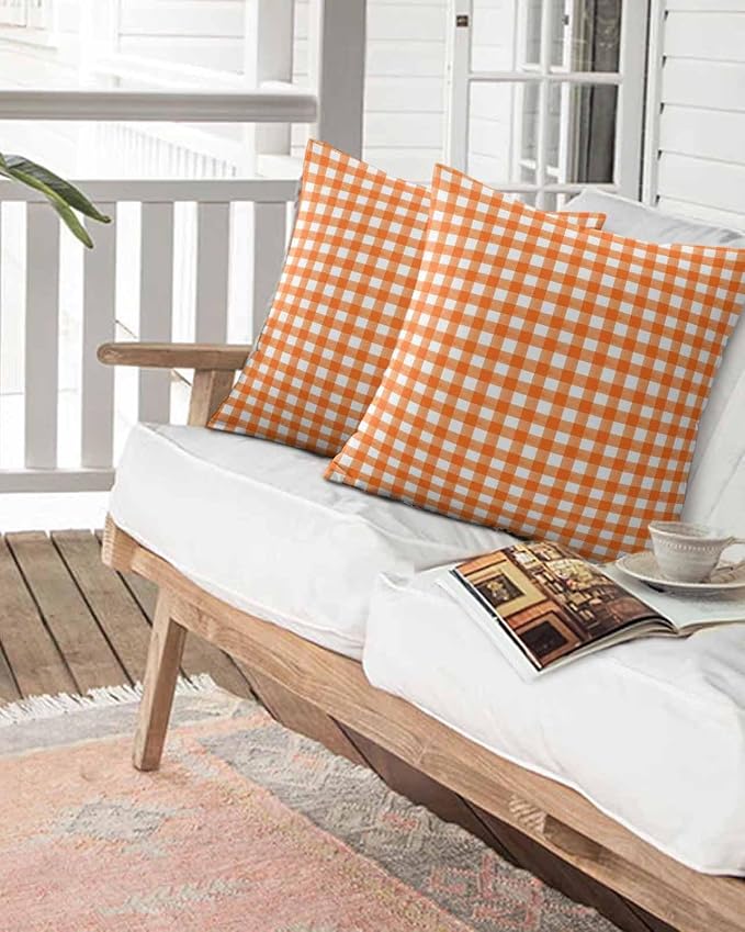 Outdoor Waterproof Throw Pillows Orange Buffalo Plaid Patio Pillows,Decorative Pillow Covers with Insert,Pillow Cushion Case for Garden Couch Sofa Classic Gingham Check Watercolor