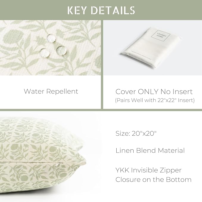 Crumbs Home Modern Farmhouse California Casual Indoor Outdoor Throw Pillow Cover, 20"x20" Water Repellent for Patio, Backyard, Couch, Poolside, Light Green Print Floral and Leaves Geometric