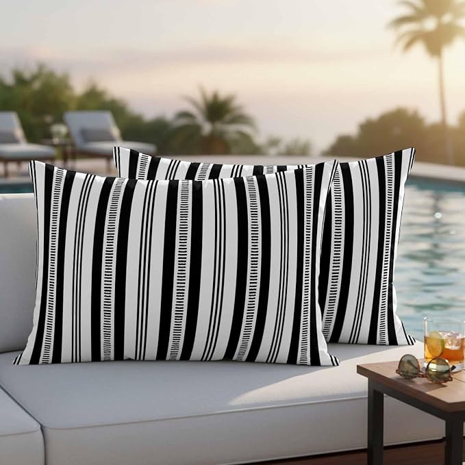Black Striped Outdoor Waterproof Pillow Covers, Farmhouse Stripes Modern Geometric Decorative Rectangle Throw Pillowcase Sofa Cushion Sham for Patio/Couch/Chair, 20"x12" 2 Pack