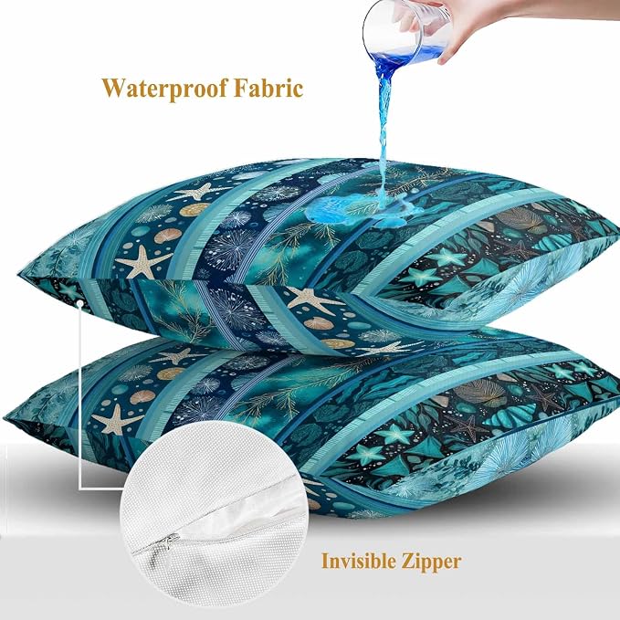 Turquoise Ocean Outdoor Waterproof Throw Pillow Covers Set of 2, 26"x26", Blue Stripes Starfish Coral Seaweed Luxury Decorative Pillow Covers Outside Cushion Case for Patio Porch Garden