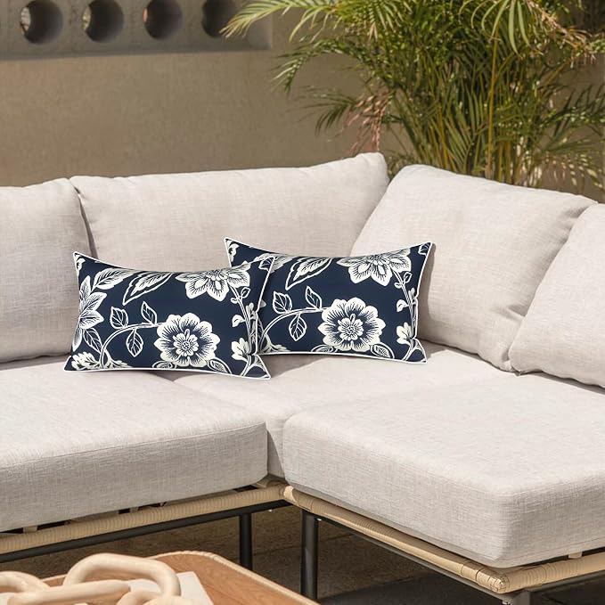 LVTXIII 2 Pack Outdoor Lumbar Pillows 12x20 Inch with White Piping, Fade Resistant Support Throw Pillows with Inserts for Patio Furniture, Sofa, Chair, Elegant Vines Navy
