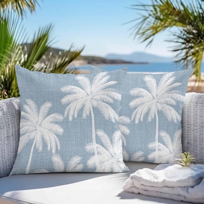 Outdoor Pillow Covers 16x16 Inch Set of 2, Light Blue Palm Trees Waterproof Throw Pillow Covers, Farmhouse Tropical Summer Beach Decorative Cushion Pillowcases for Couch, Sofa, Bed, Garden, Patio