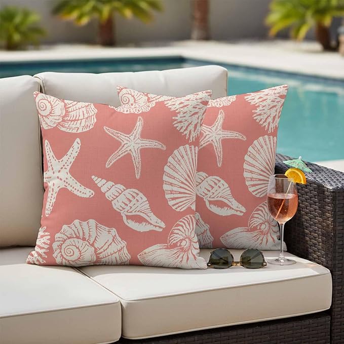 Waterproof Pillow Covers Set of 2 20x20 Inch Ocean Coastal Outdoor Cushion Covers Shells Starfish Conch Coral Red Linen Decorative Pillow Cases for Patio, Sofa, Couch, Garden, Balcony