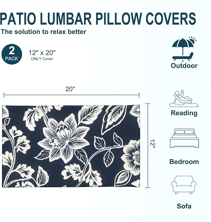 DYTXIII Pack of 2 Outdoor Waterproof Lumbar Pillow Covers ONLY, 12x20 Rectangle Decorative Double Printed Pillow Cases for Patio Couch Porch Furniture - Vines Navy