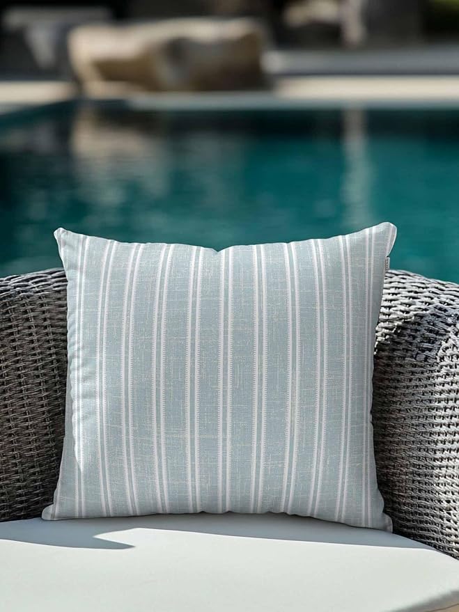 Waterproof Outdoor Pillow 1 Pack Blue Linen Striped Decorative Throw Pillows Cover & Insert 16x16 Inch Pillowcase Vertical Stripes Lines Pillows for Couch Sofa Bed Patio Furniture Indoor Outdoor