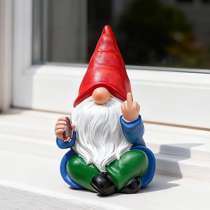 Middle Finger Gnome Statue 6.3in, Funny Smoking Garden Gnomes Yard Home Decoration - Hilarious Gag Birthday Gifts for Men Women, White Elephant Party - Indoor/Outdoor Decor