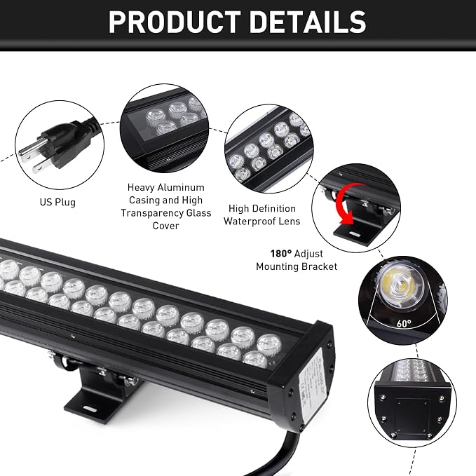 72W Outdoor Wall Washer Light Bars,7920LM Super Bright 6000K Daylight White LED Wall Washer Light,IP67 Waterproof 120V Plug in Outdoor LED Lights Bars for Landscape Yard Building Lighting(40 Inch)