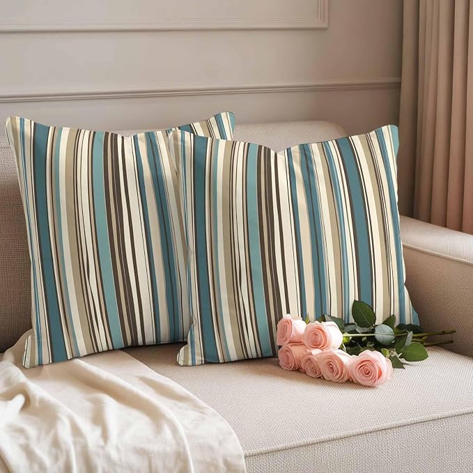 Boho Vertical Stripes Outdoor Waterproof Throw Pillow Covers Set of 2, 16"x16", Green Beige Simple Lines Decorative Pillow Covers Outside Cushion Case for Patio Porch Garden