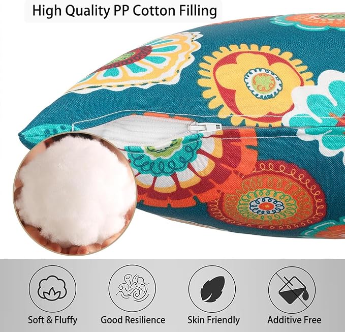 Magpie Fabrcis Pack of 2 Outdoor Waterproof Throw Pillow with Insert 18 x 18 Inch, Christmas Decorative Back Cushion Pad for Garden Patio Tent Balcony Couch Sofa(Floral Green)