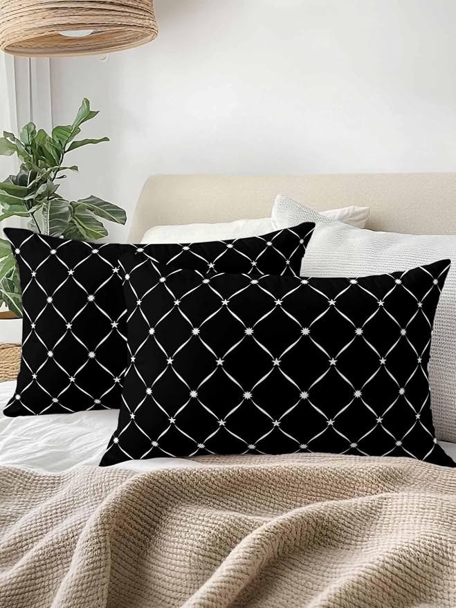 Vandarllin Waterproof Outdoor Pillow 1 Pack Black Grid Plaid Decorative Throw Pillows Cover & Insert 20x12 Inch Lumbar Pillowcase Diagonally Crossed Lines Pillows for Couch Sofa Bed Patio Furniture