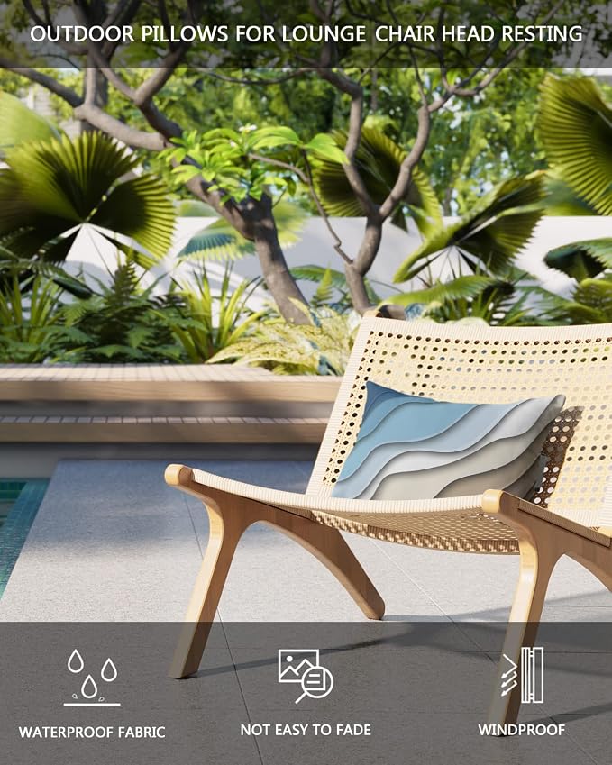 Geometric Ombre Lounge Pillows Outdoor, Aesthetic Blue Brown White Gradient Abstract Head Pillows, Modern Waterproof Patio Furniture Lumbar Pillows with Adjustable Elastic Strap for Recliner Beach