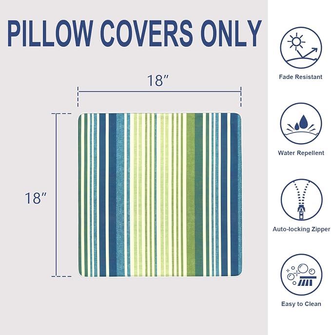 Outdoor Throw Pillow Covers Pack of 2, Decorative Water Repellent Square Pillow Cases with Piping 18x18 Inch, Stripe Blue Green