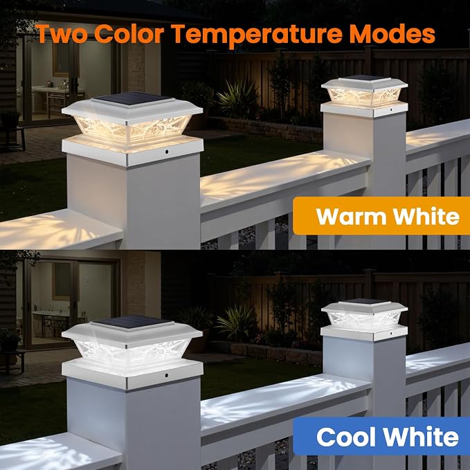 Brightever 4x4 3.5x3.5 Solar Post Cap Lights 8-Pack White | 2 Modes (Warm/Cool White), 16LEDs, for Wooden/Vinyl Posts, IP65 Waterproof, Outdoor, for Fence, Deck, Patio, Yard, Porch
