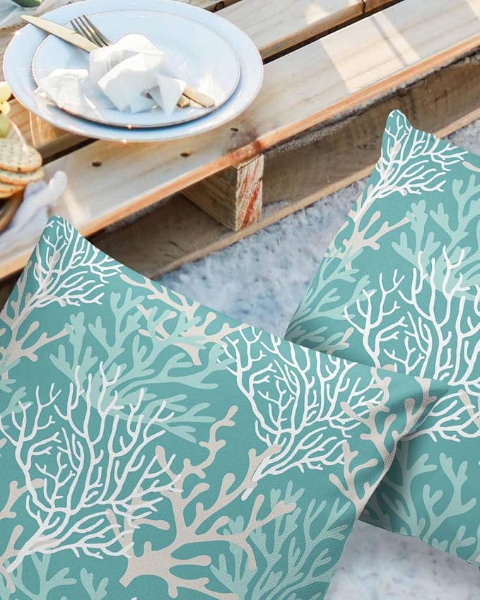 Pack of 2 Outdoor Pillow Covers 16x16 Waterproof Aqua Teal Coral Coastal Throw Pillow Covers, Decorative Pillowcases Nautical Ocean Marine Organism Cushion Covers for Patio Garden Couch Pillow Case