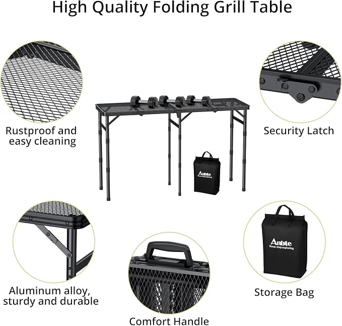 Anbte 4 ft 4-Fold Portable Grill Table, 3 Adjustable Height Max 27.5" | Aluminum, Heat-Resistant Mesh Tabletop, Portable Handle, Waterproof, for Outdoor Cooking Patio BBQ Picnic, Black