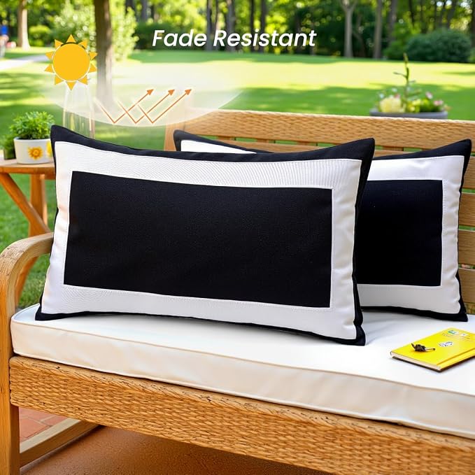 JOJOGOGO Black Outdoor Pillow Covers Waterproof 16x16 Set of 2 Black and White Square Decorative Outdoor Throw Pillows for Porch Garden and Patio Furniture