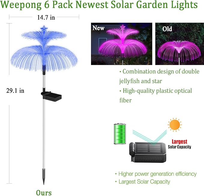 Weepong Solar Garden Lights 6 Pack New Upgraded Solar Lights Outdoor Waterproof 7 Color Changing Double Jellyfish and Star Flower Garden Decor Yard Lawn Christmas Decorations, Gifts for Women Mom