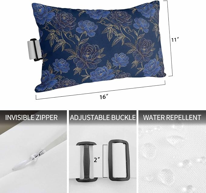 Outdoor Lumbar Pillow Set of 1, Navy Blue Golden Flowers Waterproof Beach Headrest Pillow with Inserts, Vintage Elegant Floral Botanical Recliner Throw Pillows for Patio Furniture, 12 x 20