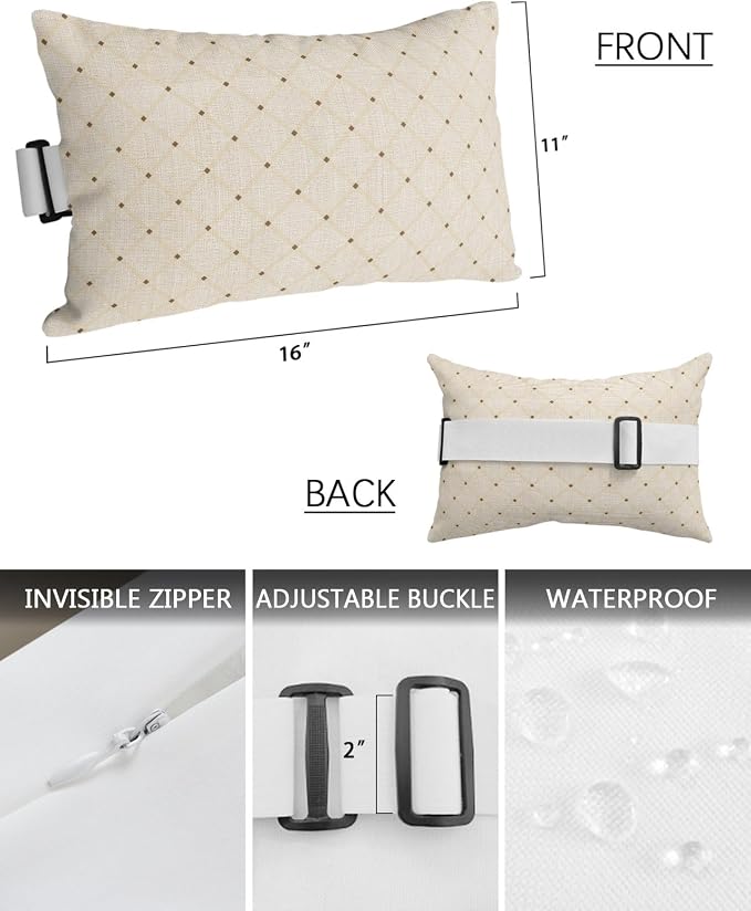 Outdoor Pillows Waterproof Covers Set of 2, Ivory Diamond Pattern Adjustable Elastic Chaise Lounge Head Resting Pillows, Geometric Plaid Lines Lumbar Pillow for Pool Beach Patio Furniture 11x16 Inch