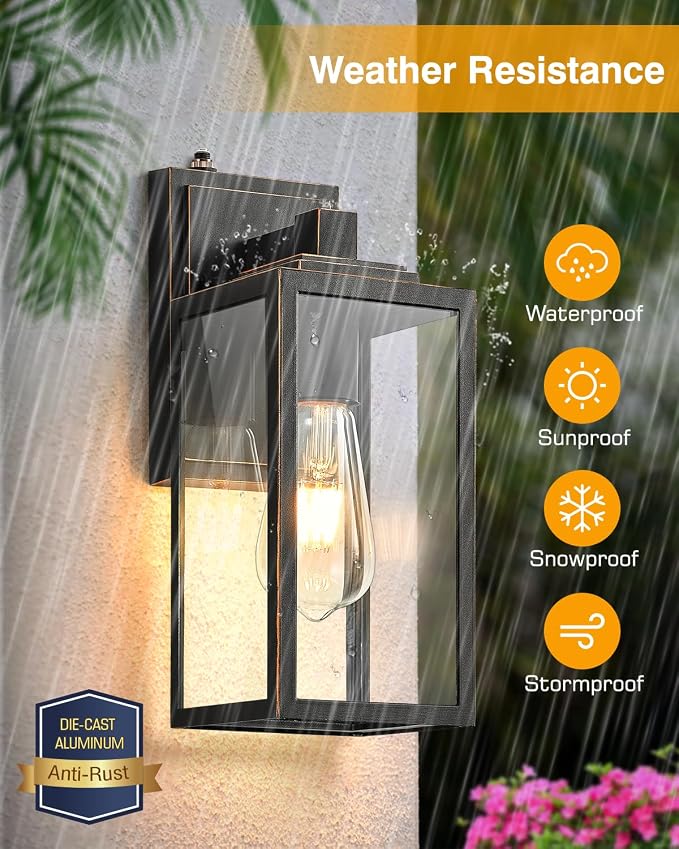 VIANIS 2 Packs Black Gold Outdoor Lights, Anti-Rust Porch Light Wall Mount, Waterproof Garage Light Lantern with Clear Glass, UL Listed Black Lights Sconce for House, Patio, Front Door