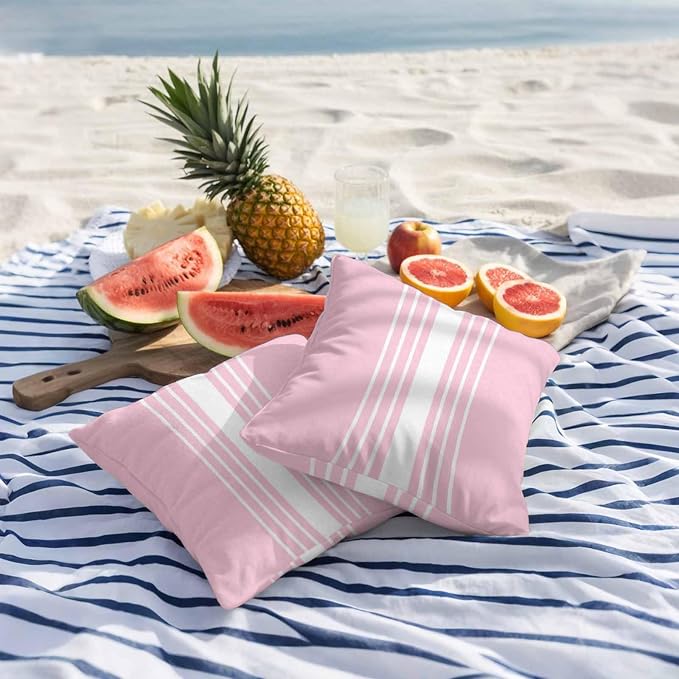 Pink White Stripe Outdoor Pillow Covers 26x26 Inch Throw Pillow Covers Set of 2 Waterproof Decorative Pillow Cases Modern Rustic Vertical Striped Cushion Covers for Patio Furniture Garden Couch Sofa
