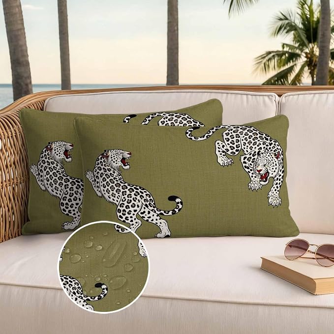 Yukro Green Leopard Outdoor Waterproof Pillow Covers Pack of 2, Modern Style Wild Animal Rustic Linen Texture Throw Pillowcases Decorative Cushion Covers for Garden Patio Tent Sofa Couch, 20x12 inch