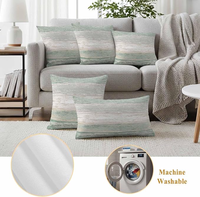 Outdoor Waterproof Throw Pillow Covers, Vintage Sage Green Grey Decorative Pillow Cases, Farmhouse Barn Wooden Striped Couch Pillow Protector Patio Sofa Cushion Covers Replacement 26"x26" 2 Pack