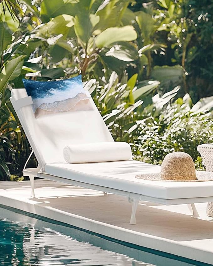 Chaise Lounge Head Pillows,Coastal Ocean Wave Beach Theme Lumbar Pillow for Patio Beach Pool Outdoor Waterproof Patio Throw Pillows Abstract Blue White Stripe